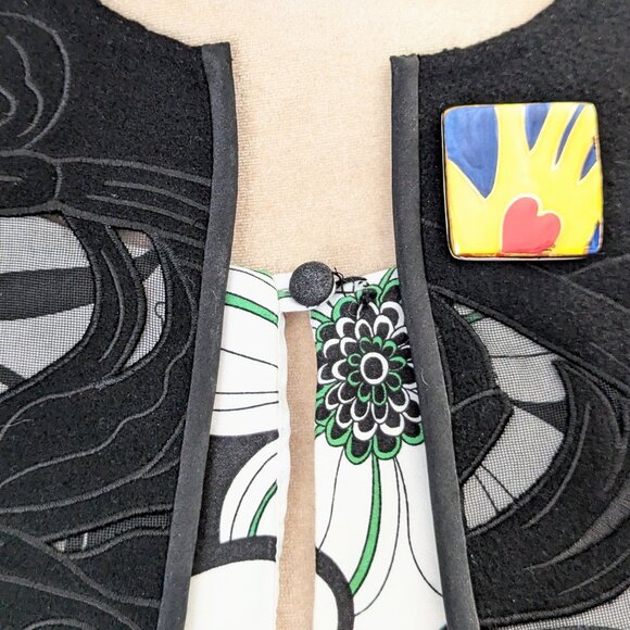 Vintage Square Ceramic Hand Heart Brooch Pin Handmade Hand Painted Jewelry - Picture 4 of 5